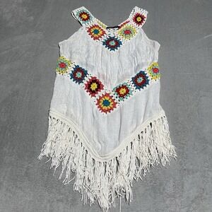 Paradise Top Womens Small Crochet Fringe Granny Square Sleeveless Beach Featival